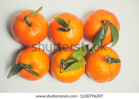 Six fresh mandarin with green leaves