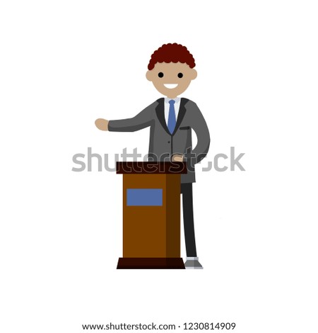 A African American politician in a gray jacket stands behind the podium with a blue logo. Lecturer speech. Hand gesture. Presidential election.

