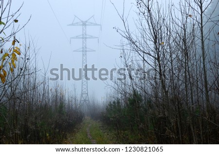 High-voltage power line in the fog. Cloudy autumn weather in November.