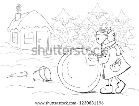 Illustration with girl, house and Christmas trees. Vector