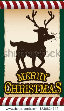 Commemorative postcard with tender reindeer silhouette in an ancient scroll, greeting sign and candy canes to celebrate a merry Christmas.