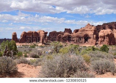 Scenic view of the legendary windows rock formation in Arches National Park, USA
