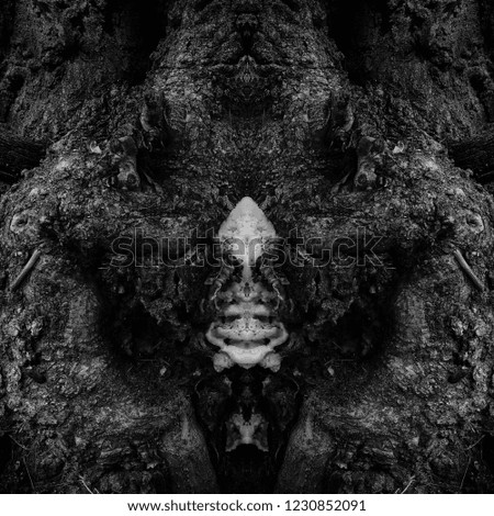 Abstract art tree bark monster black and white. Frightening creature