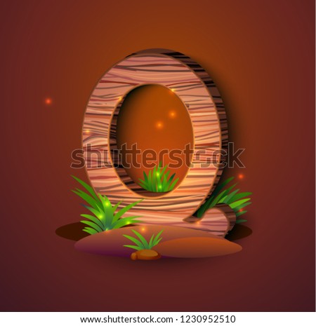 Wooden letter "Q" decorated with grass and crickets. logo vector illustration