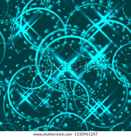 Vector metallic stars and rings in blue hues on shimmering background. Seamless pattern for decoration of fashion and beauty industry products.
