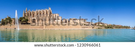 The panoramic day view of famous Palma de Mallorca Catedral de Santa María. One of the biggest and most famous cathedral. Palma de Mallorca, Mallorca, Spain Royalty-Free Stock Photo #1230966061