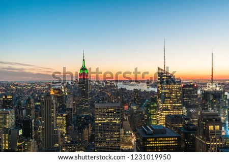 Sunset on downtown Manhattan neighborhood in New York City, United States of America.