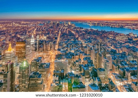 Sunset on downtown Manhattan neighborhood in New York City, United States of America.