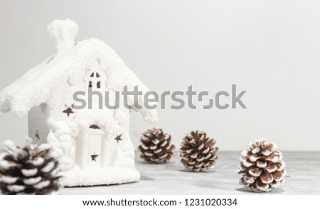Christmas card. snow-white house, cones. Christmas light background with cones. empty space for text. 2019 year. minimalism