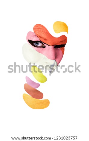 Creative body art. Conceptual idea of colorful makeup. Abstract picture isolated on white background on woman face.