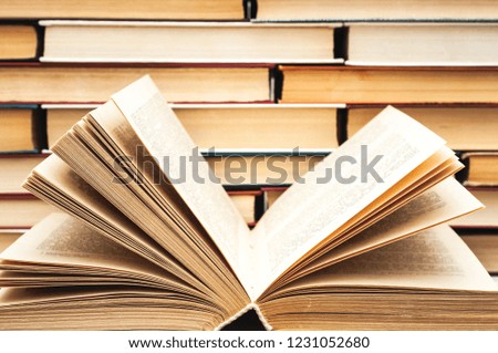 Opened book and pages on the background of books