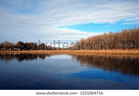 Autumn landscape on a nice day. Forest reflecting in the river, small breeze, blue sky with white cirrus clouds. Taken in October on Wisconsin river (USA). Wide screen.