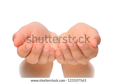 Outstretched cupped hands of young woman - isolated on white background Royalty-Free Stock Photo #123107563