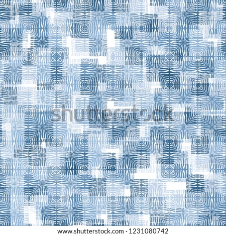 Seamless pattern. Checkered camouflage and flower texture. Ice shades.