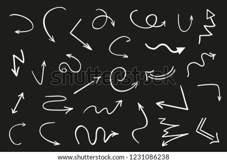 Hand drawn infographic elements on black. Abstract white arrows. Line art. Set of different pointers
