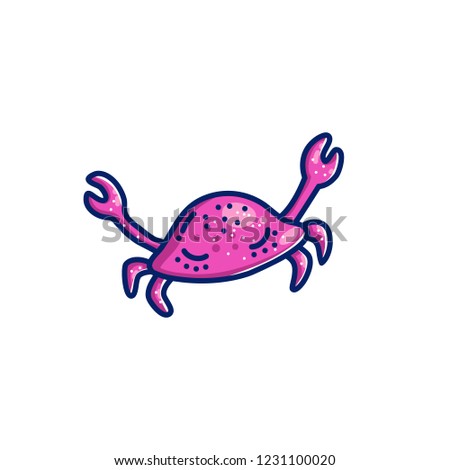 Sea underwater animal sticker illustration in cartoon doodle style with outline. Pink crab