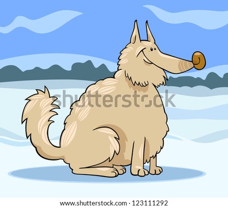 Cartoon Illustration of Shaggy Purebred Eskimo Dog or Spitz or Sheepdog against Winter Rural Scene with Snow