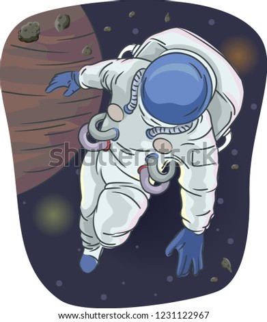 Illustration of an Astronaut Wearing Space Suit Floating in the Outer Space