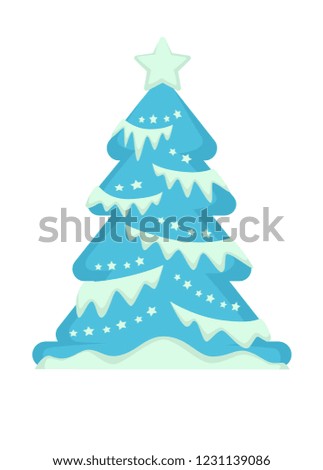 Christmas tree, evergreen pine decorated with garlands and toys vector. Winter holiday and celebration illustration
