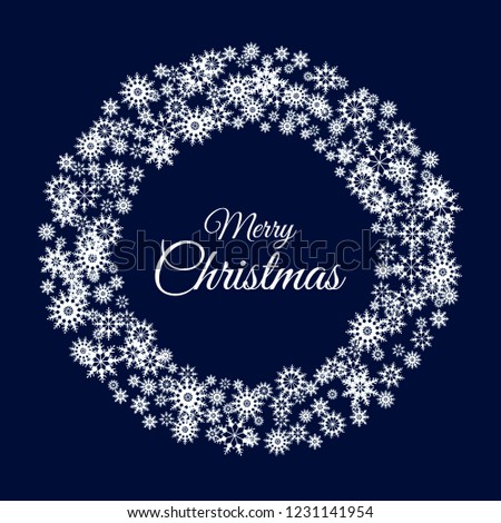 Merry Christmas greeting card. Merry Christmas phrase and snowflakes on dark background. Vector illustration.