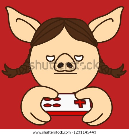 emoji with moody player girl or gamer pig woman that is holding a retro gamepad and playing a video game, simple hand drawn emoticon, simplistic colorful picture, vector art with pig-like characters