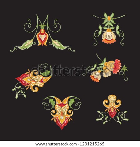 Embroidery of pattern with stylized ornamental flowers in retro, vintage style. Imitation of Jacobin embroidery. Vector illustration in red, green, colors. Isolated on black background.