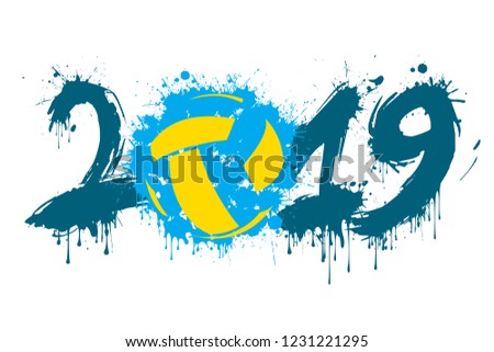 Abstract number 2019 and a volleyball ball from blots. 2019 New Year on an isolated background. Design pattern for greeting card. Grunge style. Vector illustration