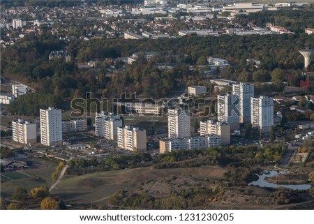 aerial view of buildings in the suburban city of Les Mureaux in the department of Yvelines in France