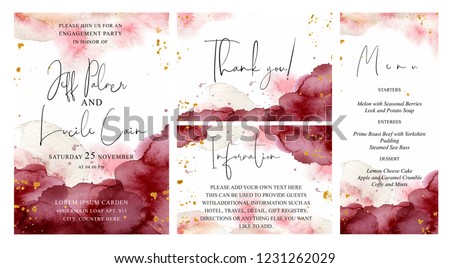 Burgundy, pink and gold wedding set with  hand drawn watercolor background. Includes Invintation, menu, information and thank you cards templates. Vector set Royalty-Free Stock Photo #1231262029