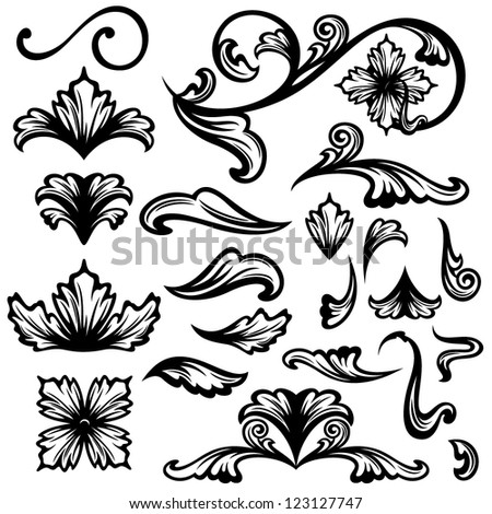 floral swirls - set of fine vector outlines - black design elements over white