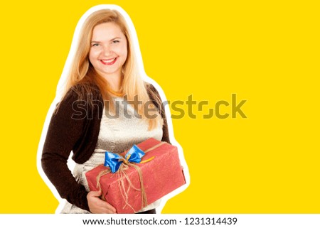 Pretty adult beautifully dressed woman hold a gift. Christmas, New Year and birthday celebration concept. Detailed closeup studio shot. Magazine style fashion collage