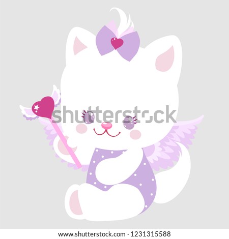Cute angel kitty with pink heart for a gift for Valentine's Day. Children's character for a postcard or sticker. Holiday clip-art.