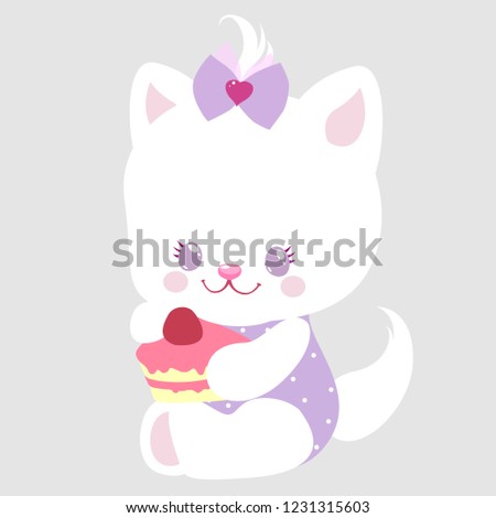 Cute kitty with cake for a gift for Valentine's Day. Children's character for a postcard or sticker. Holiday clip-art.
