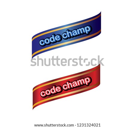 code champ label ,blue cyan red gold color . ribbon banner and badges design.On white background.