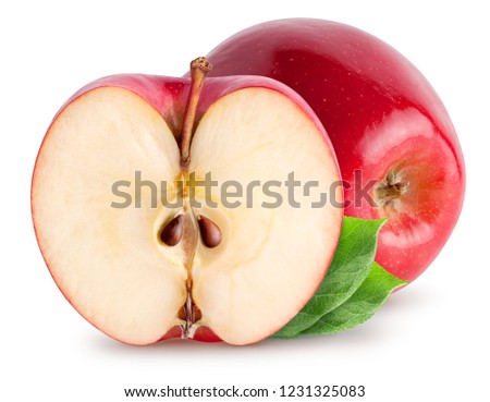 Isolated apples. Whole red, pink apple fruit with a half isolated on white, with clipping path