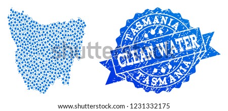 Map of Tasmania Island vector mosaic and clean water grunge stamp. Map of Tasmania Island composed with blue water drops. Seal with unclean rubber texture for clean drinking water.