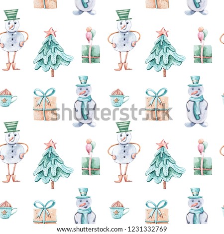 Watercolor seamless pattern with Christmas elements: funny snow men, gifts, Christmas tree. Perfect for greeting card, wallpaper, textile design. Hand painted illustration