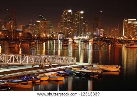 Night time in San Diego, Ca. Skyline, boats.