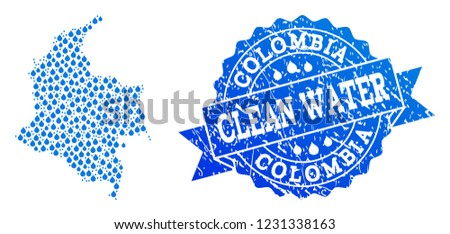 Map of Colombia vector mosaic and clean water grunge stamp. Map of Colombia created with blue liquid raindrops. Seal with grunge rubber texture for clean drinking water.