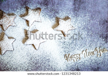 Cookies in the form of stars. In the New Year's style. 2019 year of the pig. 
Cookies in the form of stars on a concrete background covered with icing sugar selective focus to copy text