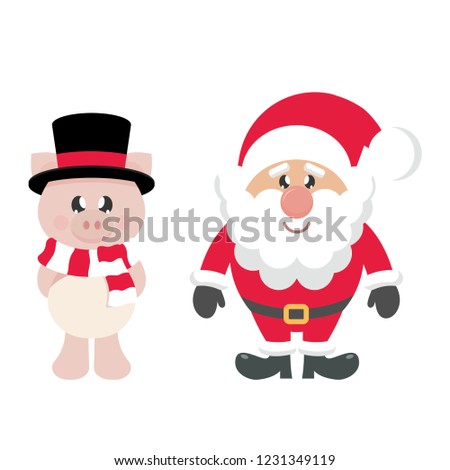 winter cartoon pig with scarf in hat and santa claus