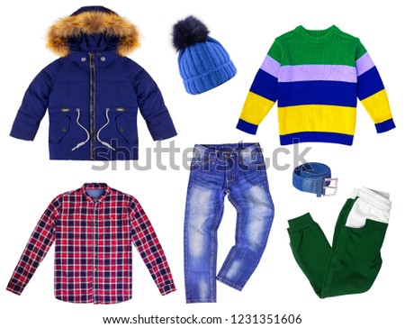 Collage with winter kids clothes isolated on white background