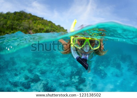 Underwater portrait of a woman snorkeling in tropical sea. Royalty-Free Stock Photo #123138502