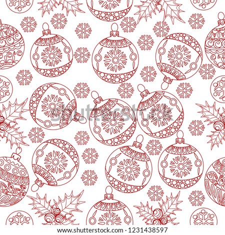 Seamless Pattern with Holly, Snowflakes and Tree Ornament.Vector illustration. Cute Christmas background for wallpaper, gift paper, pattern fills, textile, greetings cards.