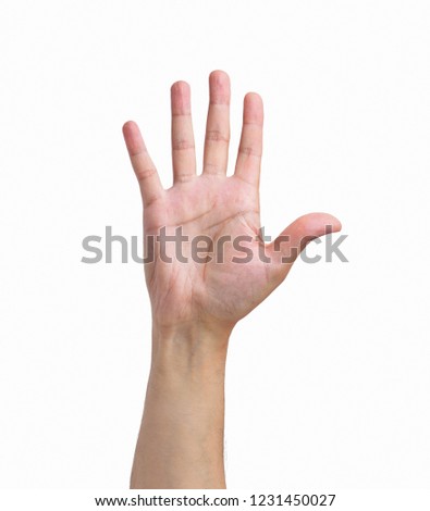 Close-up of man hand showing five fingers with white background