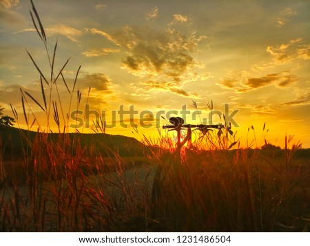 Silhouette of a bicycle on sunset background.