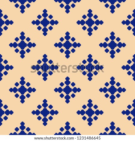 Luxury abstract floral texture. Geometric seamless pattern with small flowers, crosses, dots. Vector repeatable background in deep blue and gold colors. Vintage design for textile, decor, wallpapers