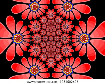 A hand drawing pattern made of red flowers on a black background.