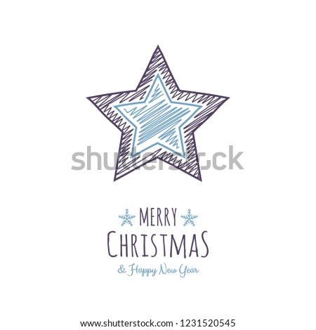 Design of Christmas greeting card with with hand drawn star. Vector.