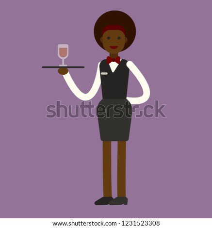Vector image of waitress with the glass of wine. Flat design character.